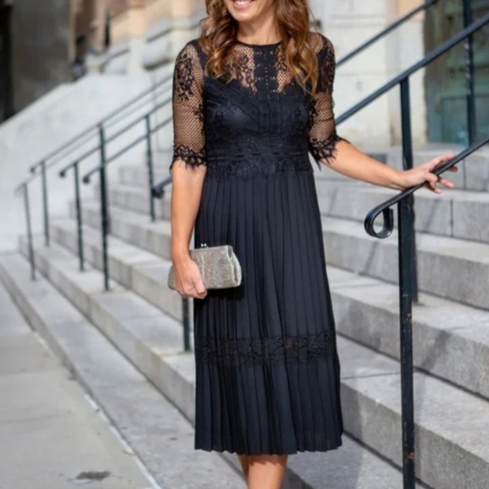 Zara Basic Black Lace Pleated Midi Dress Size Small 3/4 Sleeves Sheer Back